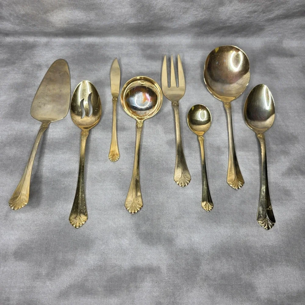 (X8) International Silver INS398 Gold Electroplate Varied Serving Flatware Vtg